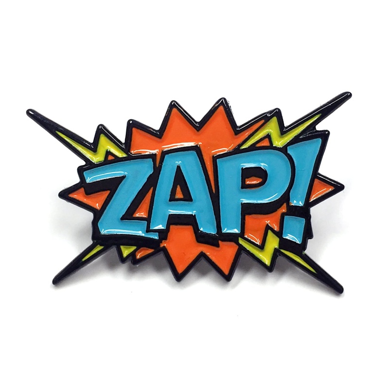 "Zap!" Pop Art Pin Blue And Orange / Rubber Backings