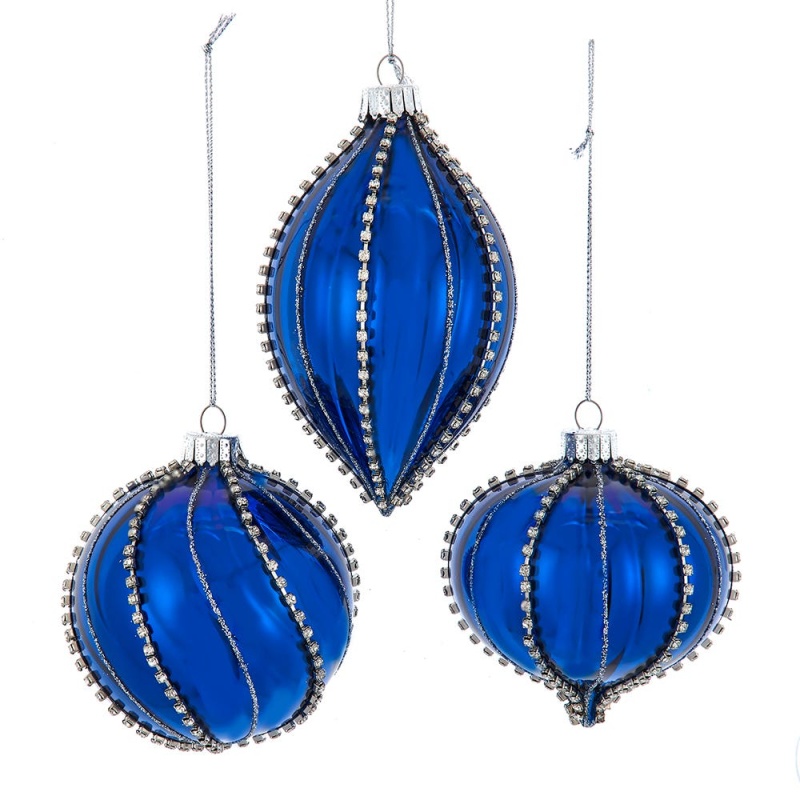 80Mm Glass Shiny Blue Gemmed Onion, Finial & Ball Ornaments, 3-Piece Box