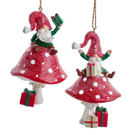 Red Gnome Sitting On Mushroom Ornaments, 2 Assorted