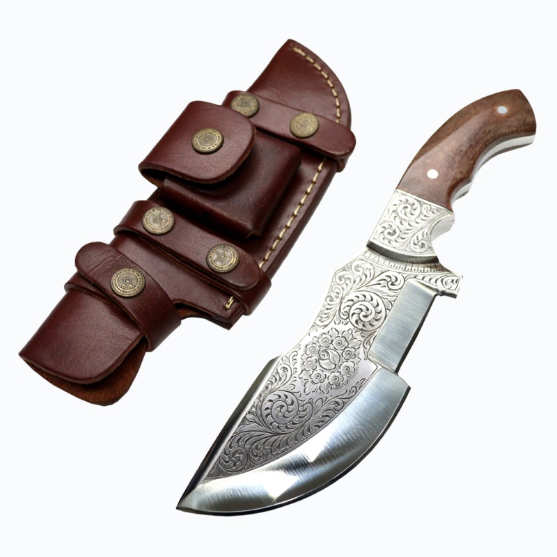 Theboneedge 11" Custom Hand Made Engraved Blade Horn Handle Tracker Hunting Knife With Sheath