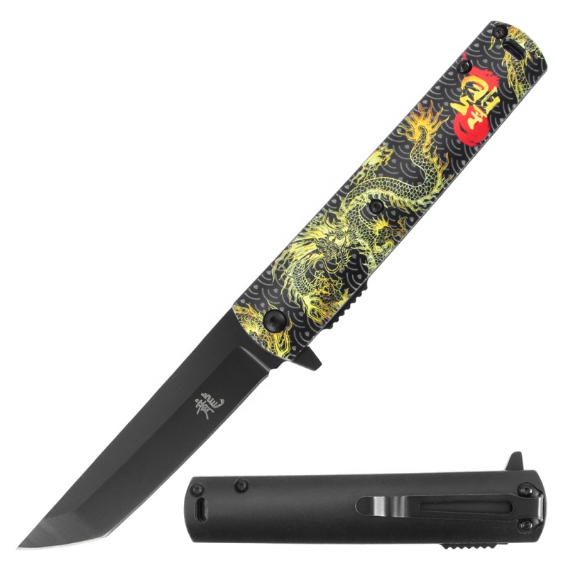 Defender 4.5" Assistant Opening 3D Printed Dragon Folding Knife With Belt Clip