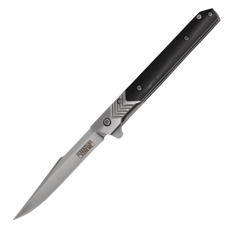 Defender-Xtreme 8" Sand Finish Blade Black Wood Handle Ball Bearing Folding Knife With Leather Sheath