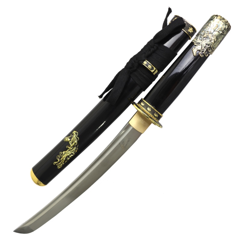 Theboneedge 19.5" Carbon Steel Blade Samurai Sword Black Gold Emblem Scabbard