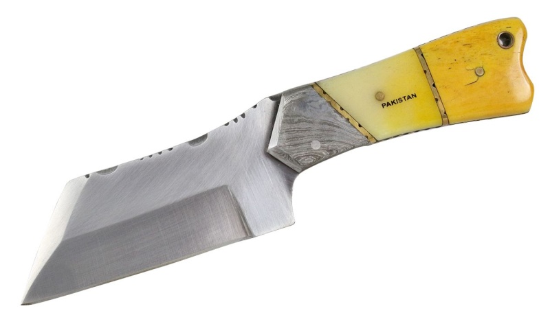 7.25" Full Tang Damascus Steel With Yellow Bone Handle And Leather Sheath