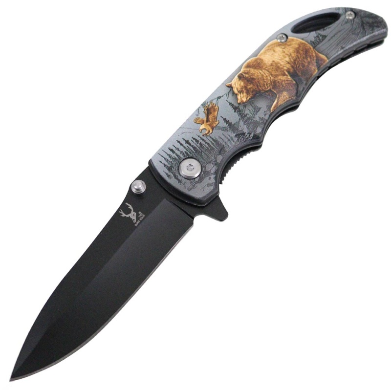 Theboneedge 7" Stainless Steel Woods Bear Spring Assisted Folding Knife