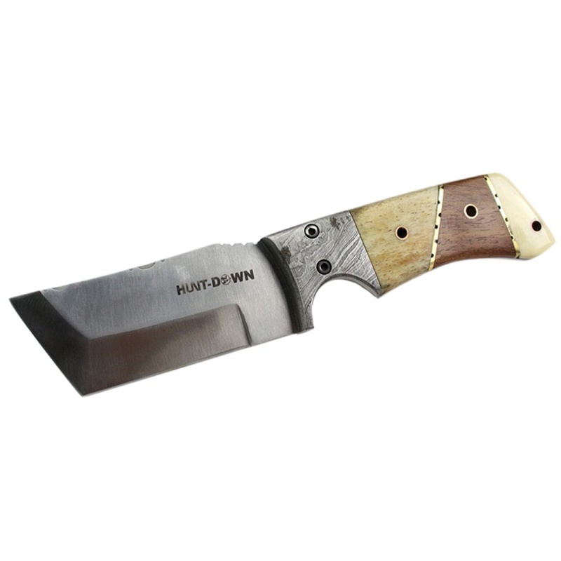 Hunt-Down 9" Full Tang Hunting Knife With Wood Handle And Leather Sheath