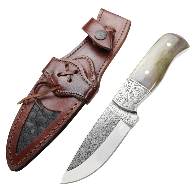 Theboneedge 10" Green & Brown Wood Handle Engraved Blade Hand Made Tracker Hunting Knife With Sheath