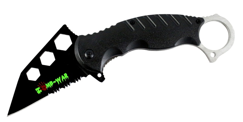 7.5" Zomb War Spring Assisted Tanto Bladed Knife Black Handle Design Fore Finger Grip