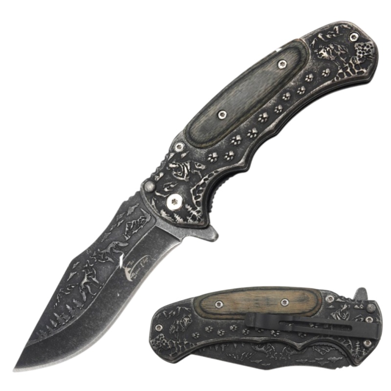 Theboneedge 8.75" Black Wolf Stone Washed Ball Bearing Folding Knife
