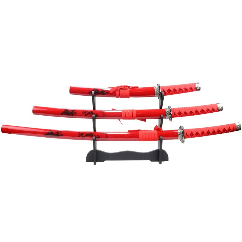 3Pc Red Samurai Katana Sword Set Corbon Steel Blades With Stand Good Quality