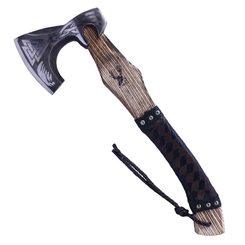 Theboneedge 17.5" Brown & Black Leather Wrapped Handle Steel Blade Hunting Axe With Sheath