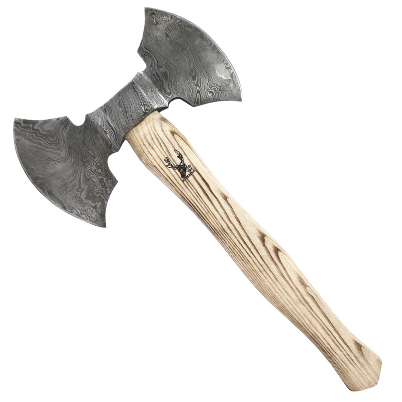 Theboneedge 20.5" Double Edge Damascus Blade Hunting Axe Ash Wood Handle With Sheath