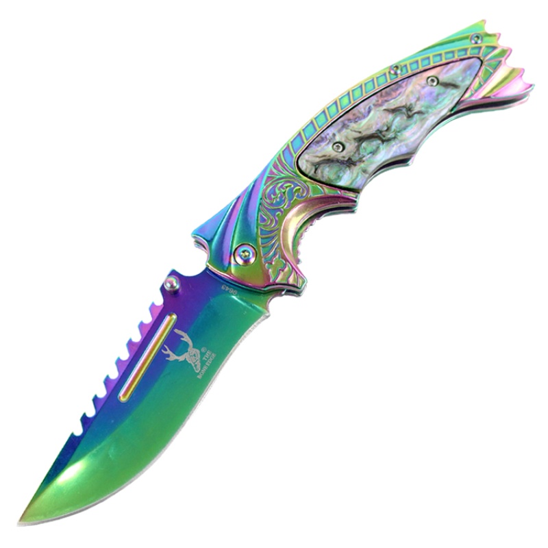 Theboneedge 8.5" Spring Assisted Sharp Knife With Ridged Top Edge Rainbow