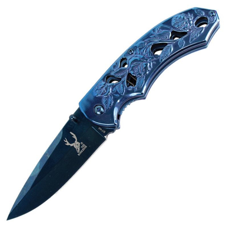 Theboneedge 8" Spring Assisted Tactical Sharp Knife With Strap Holder - Blue