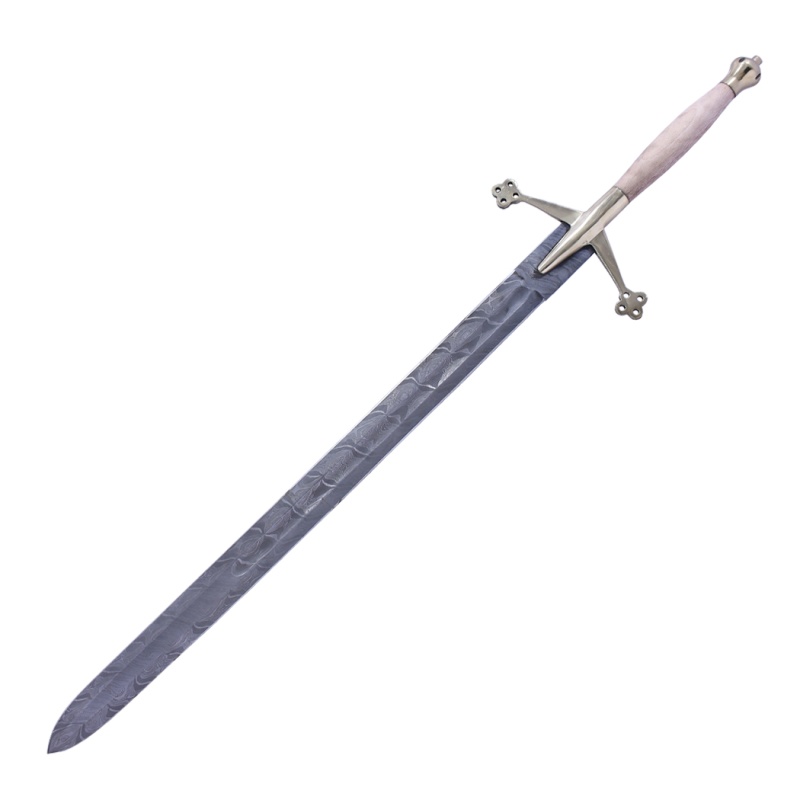 Theboneedge 40" Ash Wood Handle Damascus Blade Pommel Sword With Genuine Leather Sheath