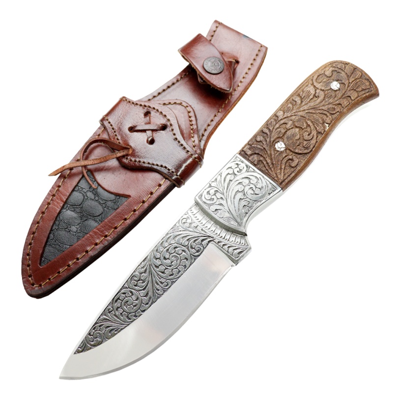 9" Engraved Blade Rose Wood Tracker Hunting Knife