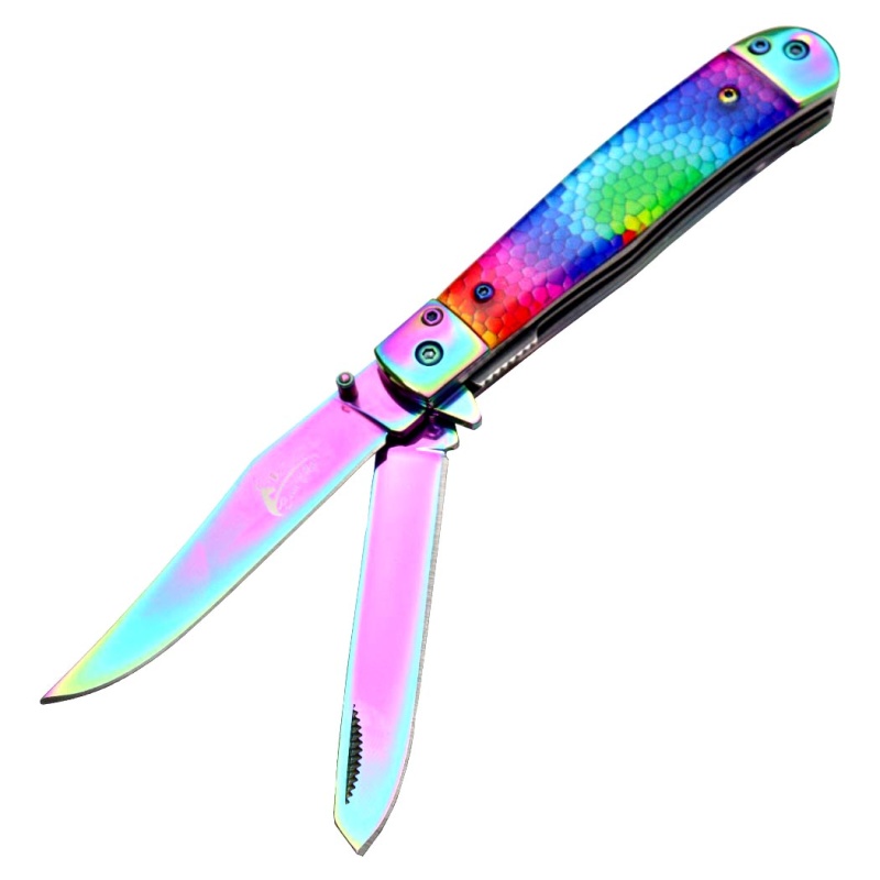 Theboneedge 7.5" Rainbow Color Double Blade Steel Bolster Pocket Folding Knife