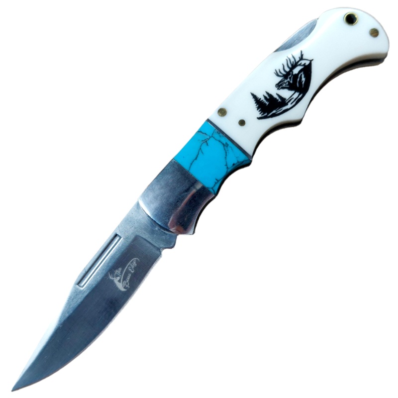 Theboneedge 6.15" Elk Folding Knife With White & Turquoise Acrylic Handle