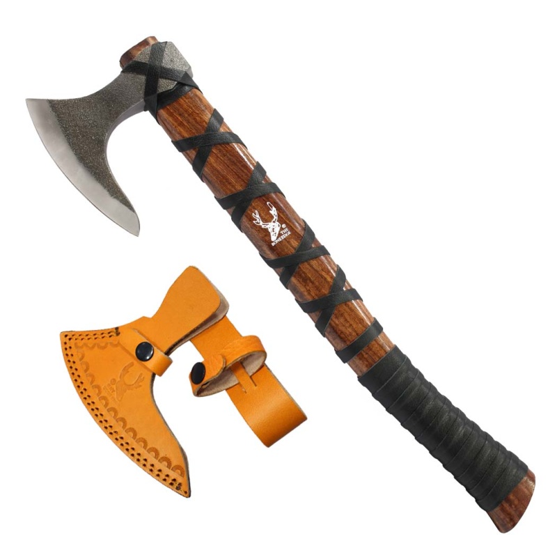 Theboneedge 20" Black Leather Wrapped Handle Steel Forged Blade Viking Axe With Sheath