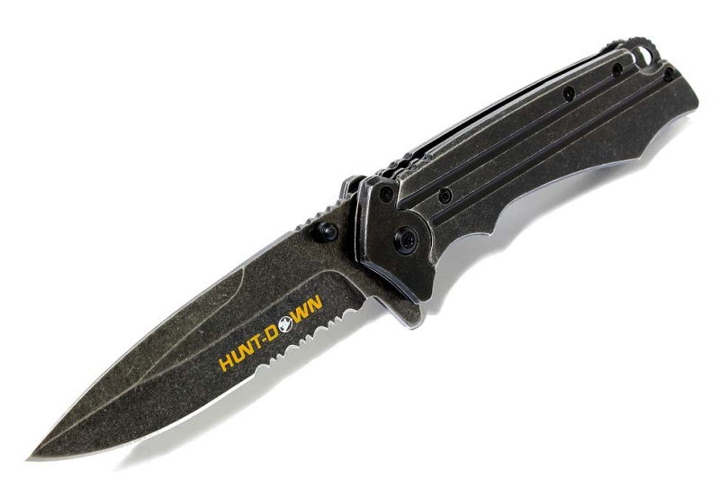 Huntdown Spring Assisted Stone Wash Silver Blade With Clip Belt Cutter