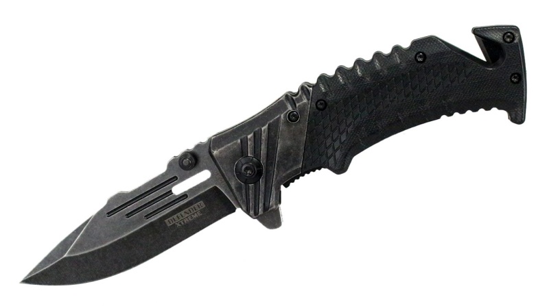 8" Defender Xtreme Spring Assisted Knife Black Handle With Seat Belt Cutter