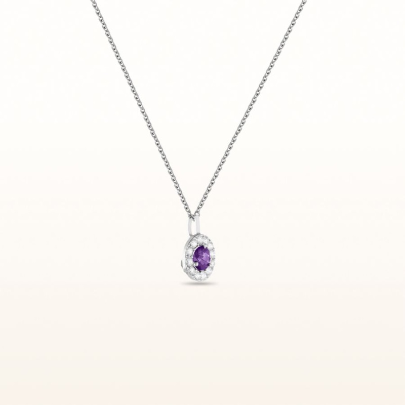 Round 4.2 Mm Amethyst And Diamond Margarita Halo Pendant In 14Kt White Gold