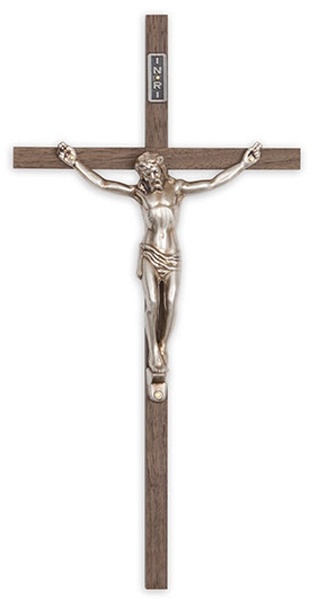 Crucifix-10: 10" Walnut Interior Cross with Antique Silver Corpus