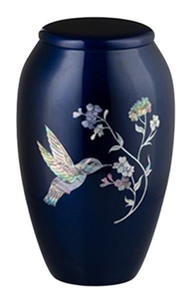 Handcrafted Urn - Blue with Mother of Pearl Hummingbird Inlay