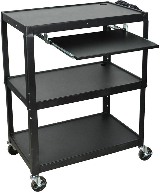 Extra-Large Adjustable-Height Steel Av Cart, Pullout Keyboard Tray