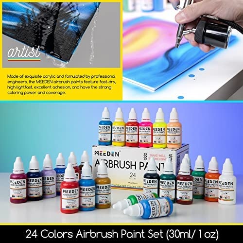 Meeden Airbrush Kit With Compressor, Professional And Quiet Airbrush System With 3 Dual-Action Airbrushes, 24 Colors Airbrush Paint, Hose, Holder, Cleaning Pot, How-To Guide, For Artist & Beginners