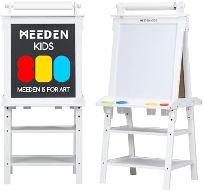 Meeden Kids Art Easel, Double-Sided Solid Pine Wood Art Set For Toddlers  With Paper Roll, Boys & Girls Play & Learning Toys With Blackboard & White  Board, Craft Supplies For Preschool Children-White