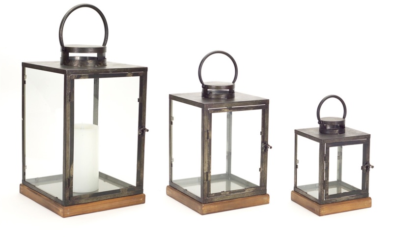Lanterns (Set of 3) 12"H, 16.5"H, 21.5"H Metal/Glass/Wood