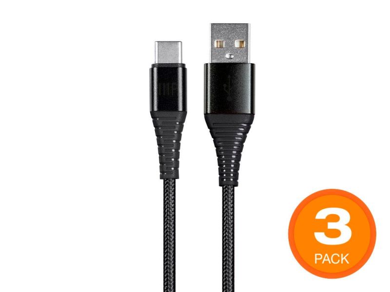 Monoprice Atlasflex Series Durable Usb 2.0 Type-C To Type-A Charge And Sync Kevlar-Reinforced Nylon-Braid Cable, 3Ft, Black - 3 Pack