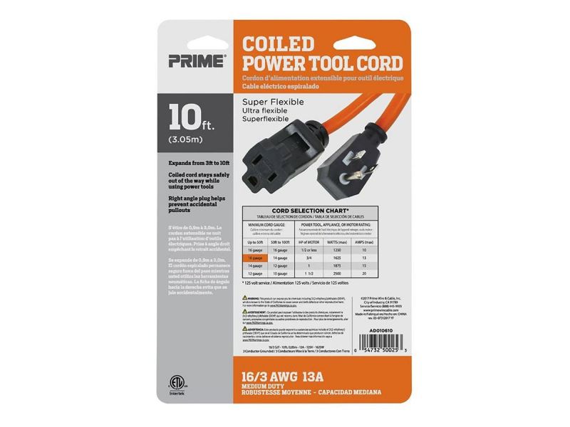 Coiled Power Tool Extension Cord, 16Awg, 13A, Sjt, Orange, Expands From 3Ft To 10Ft
