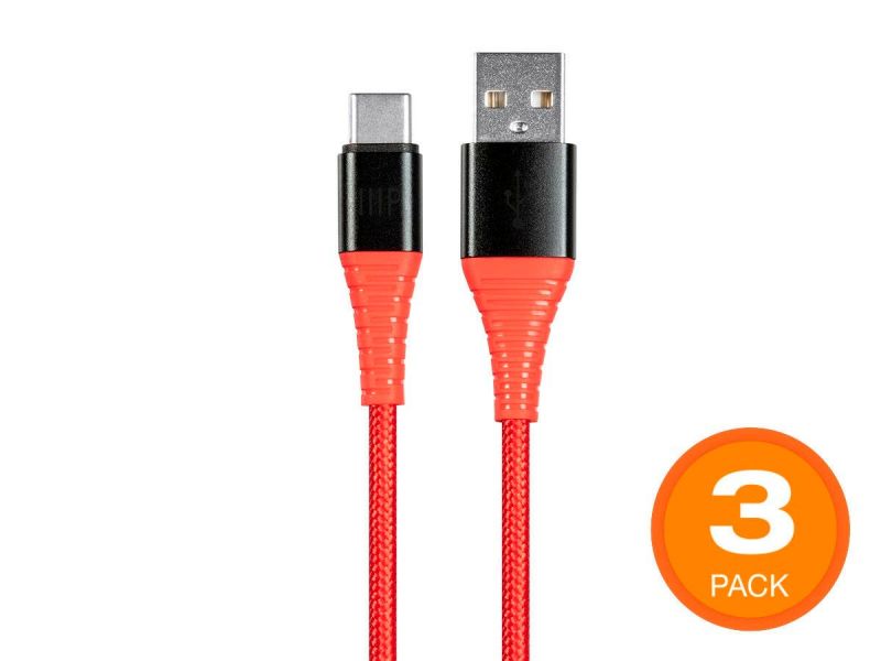 Monoprice Atlasflex Series Durable Usb 2.0 Type-C To Type-A Charge And Sync Kevlar-Reinforced Nylon-Braid Cable, 3Ft, Red - 3 Pack