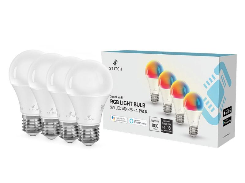 Stitch Smart Wi-Fi Rgb Light Bulb, 9W Led Rgb Color And Warm, Cool White, A19 E26, Compatible With Alexa And Google Home For Touchless Control, No Hub Required (4-Pack)