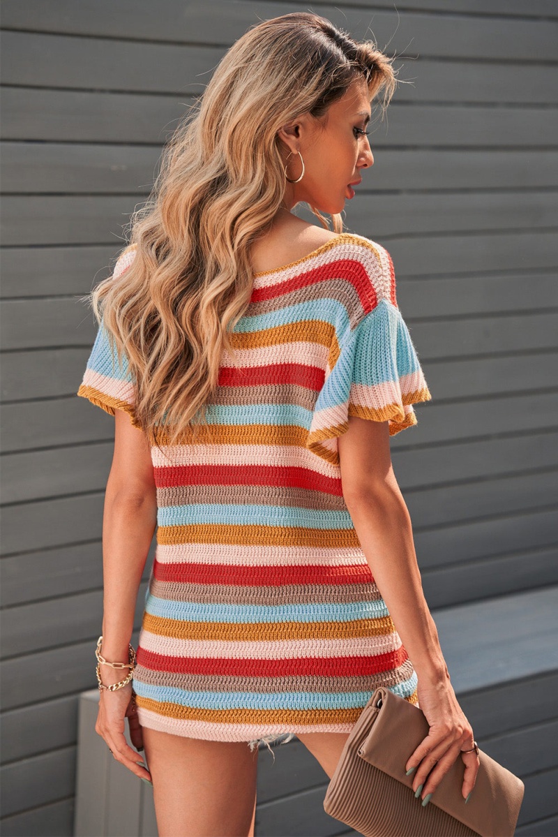Cute Multi-Color Striped Ruffle Short Sleeve Summer Knit Top