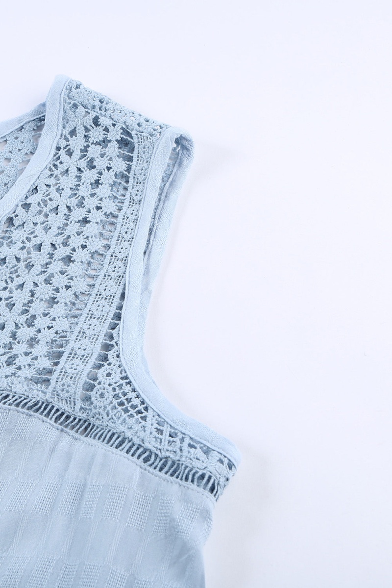 Chic Sky Blue Lace Tie Front Button V Neck Tank Top