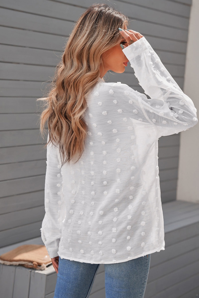 Women's White Long Sleeve Button Fuzzy Polka Dot Work Shirt