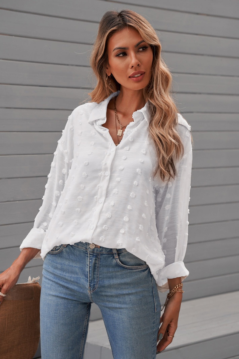 Women's White Long Sleeve Button Fuzzy Polka Dot Work Shirt