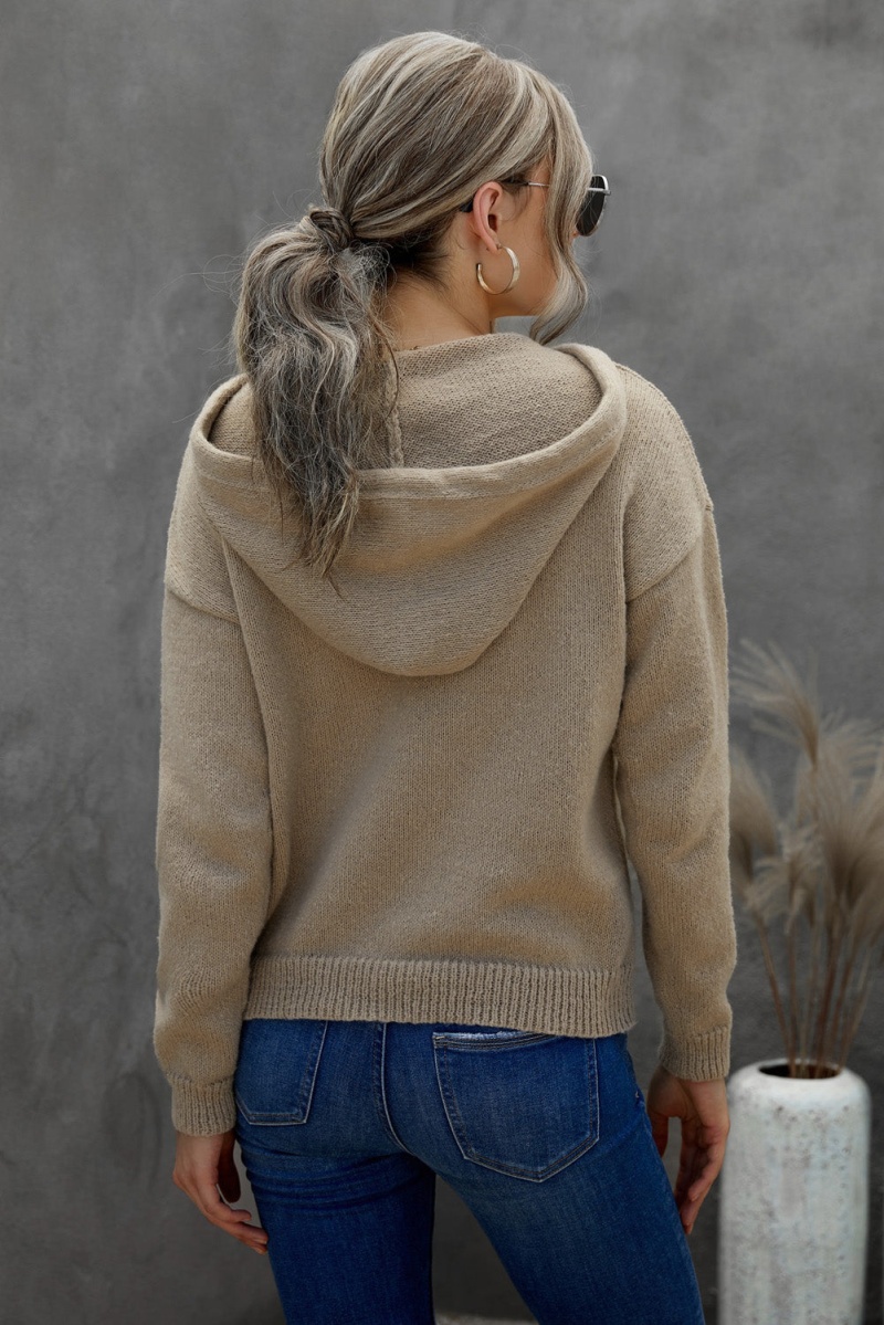 Women's Khaki Kangaroo Pocket Button Lace Drawstring Hooded Pullover Sweater