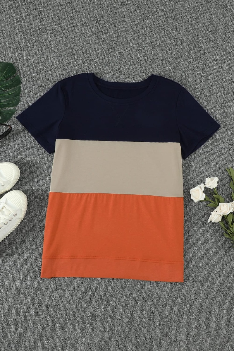 Women's Orange Contrast Colorblock Short Sleeve Casual T-Shirt