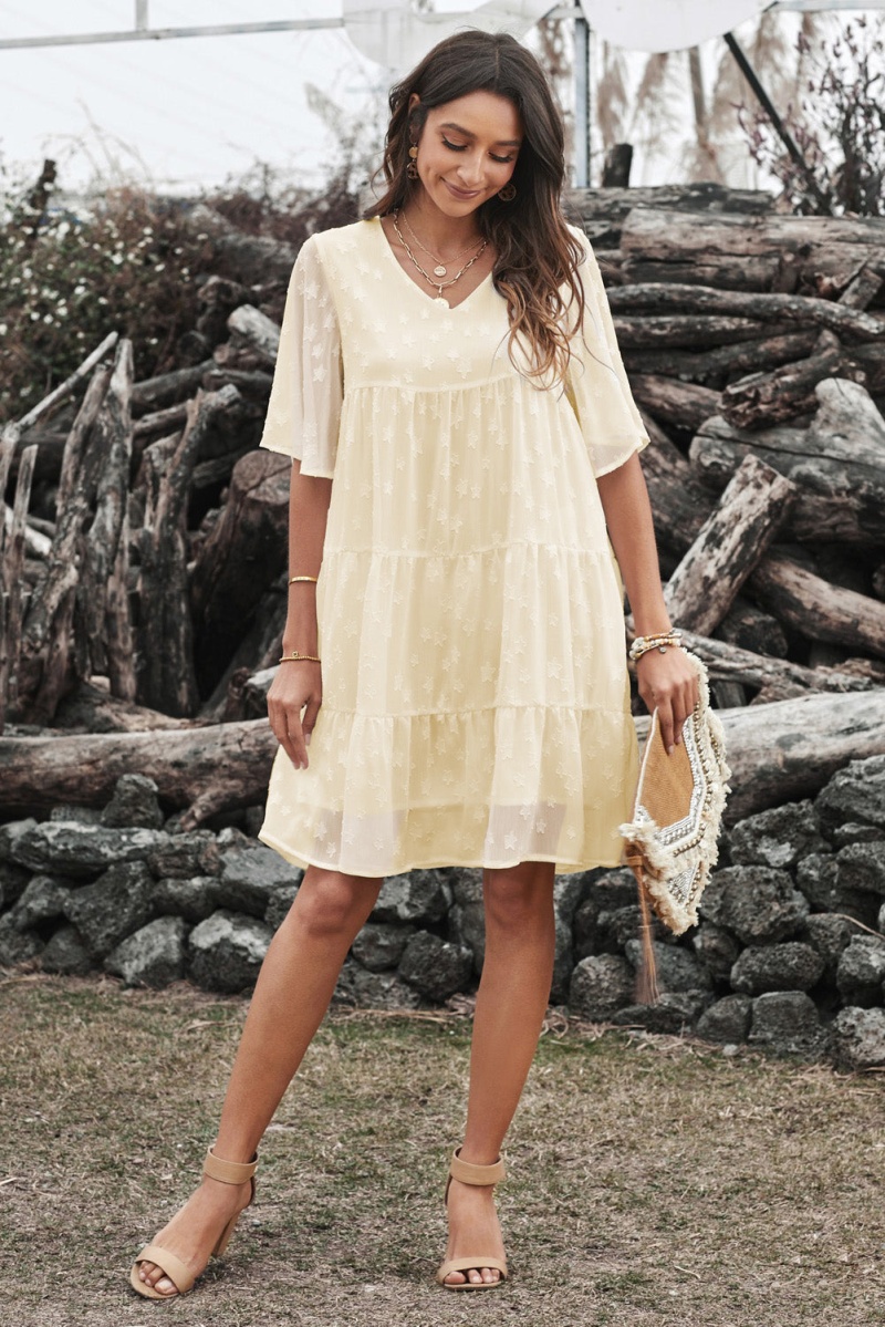 Summer Apricot Short Sleeve V Neck Tiered Babydoll Lace Dress