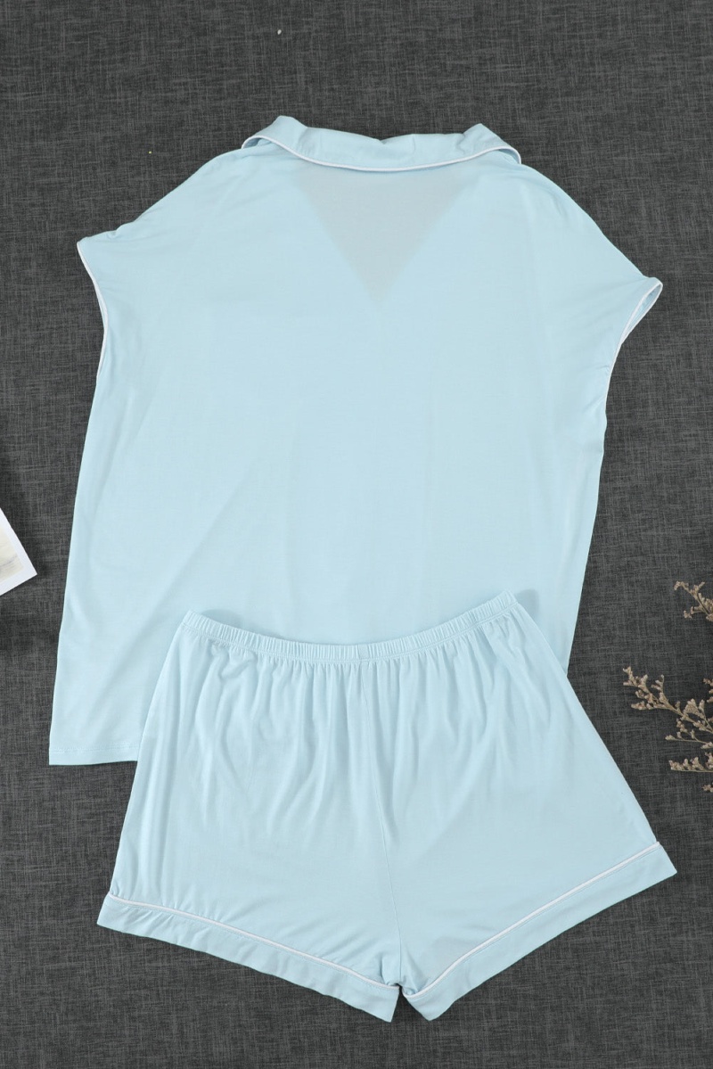 Sky Blue Buttoned Short Sleeve Shirt And Shorts Pajamas Set Sleepwear
