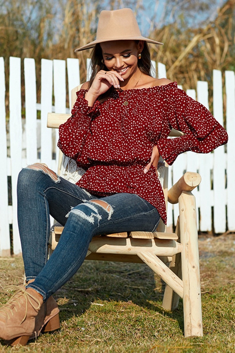 Red Polka Dot Off Shoulder Ruffle Long Sleeve Blouse Top