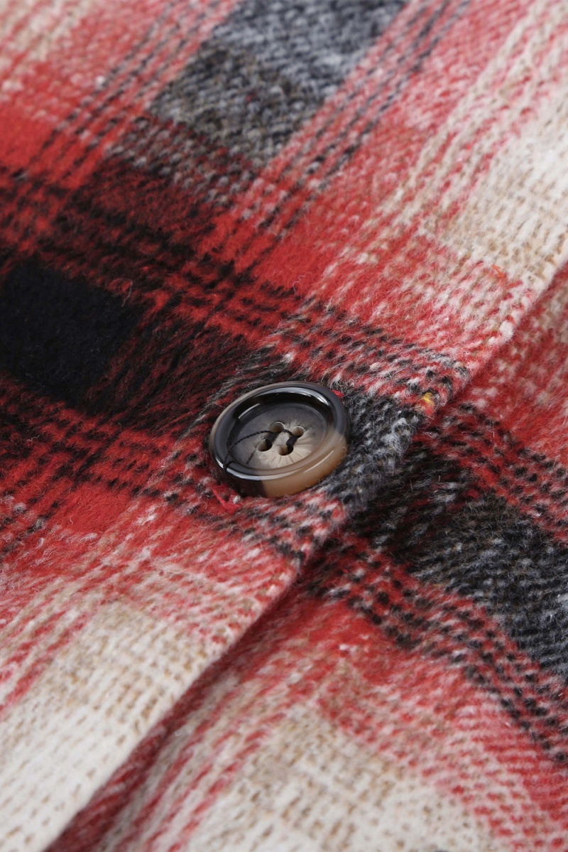 Women's Fall Red Turn Down Neck Plaid Pocket Button Closure Coat