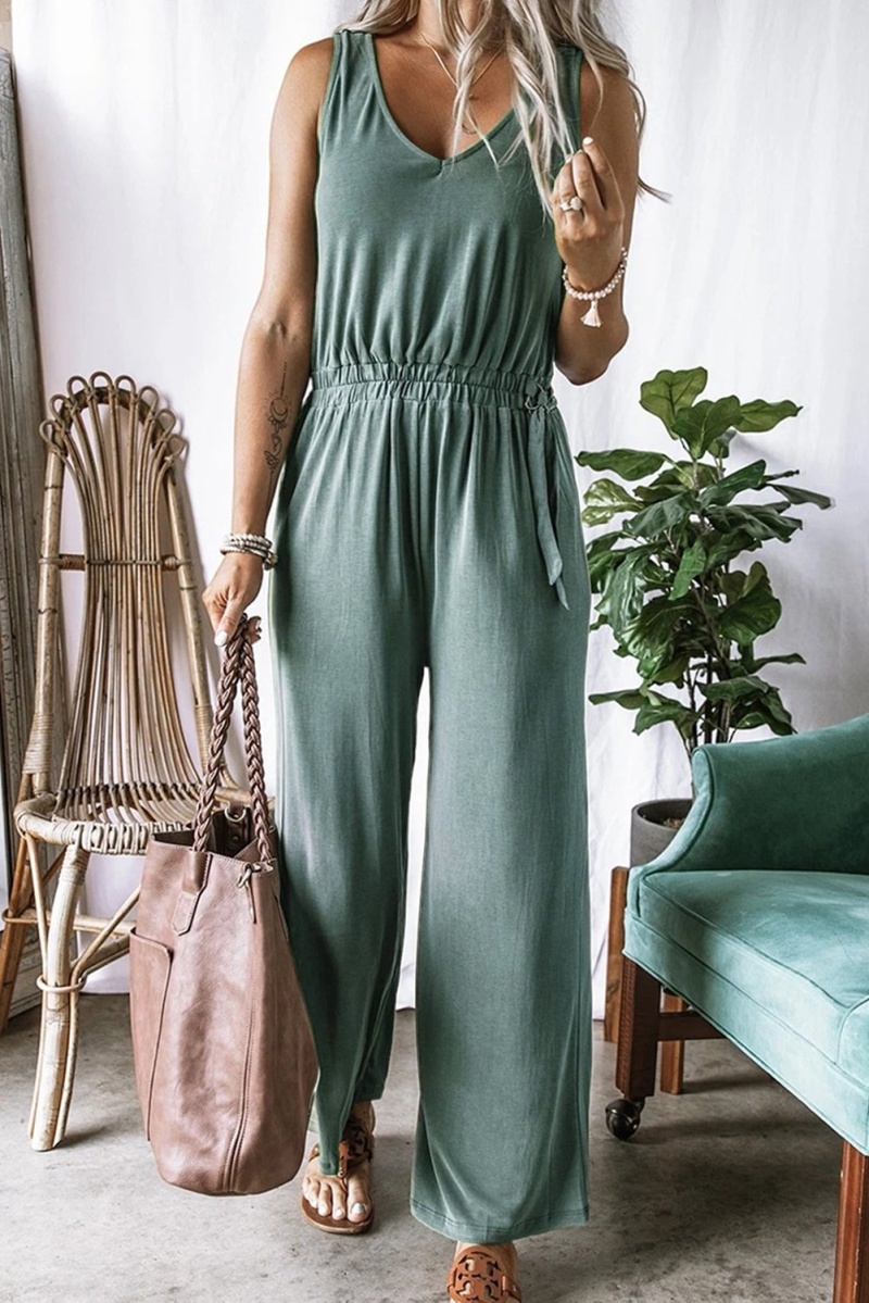 Green V Neck Elastic Waist Sleeveless Casual Jumpsuit