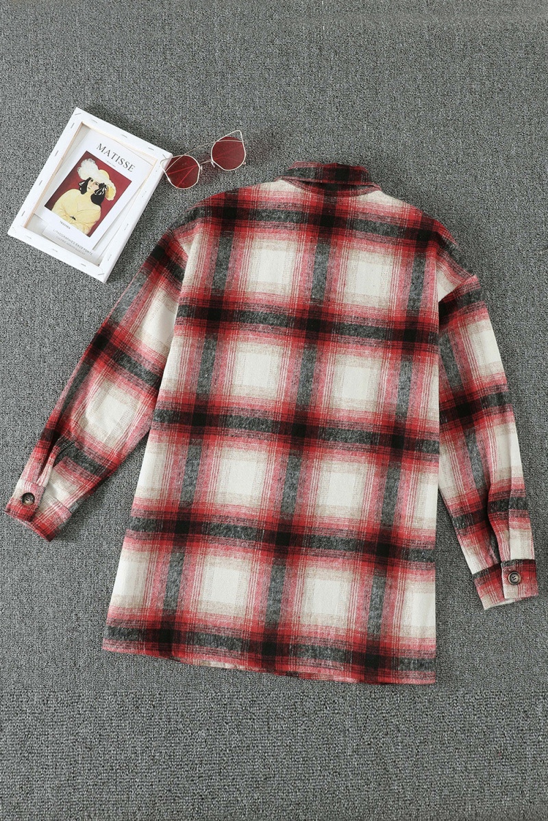 Women's Fall Red Turn Down Neck Plaid Pocket Button Closure Coat