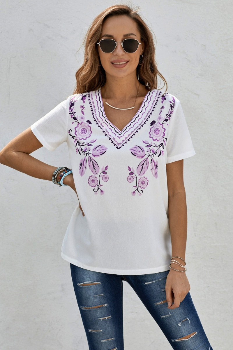 Women White Purple Floral Embroidery V Neck Short Sleeve T-Shirt