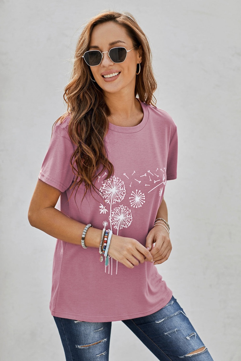 Women's Pink Crew Neck Dandelion Print Short Sleeve T-Shirt